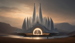 Stuart Lippincott style?God Online?in awe?Light?The Divine World?Floating huge futuristic statue?Skysky?Awe-inspiring and peaceful?Detailed composition?Subtle geometric elements?refuge?Fresh and soft atmosphere?amber hues?Tiny human figures surround huge statues?Fluid?Powerful and small coexist?Yuri Shwedoff style?Philip McKay style?Works of masters?????HighestQuali?8k