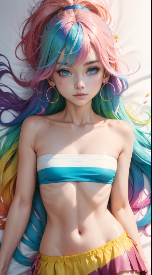 ?Pink fashion T-shirt?1.9???Colorful hair?1.8???Rainbow all colors?1.8??????Killing urban style?Megumi Kishimoto?leather clothes?1.6)????painting of a?1.6??frontage?comic strip,illustration,painting of a,largeeyes,crystal-clear,?rainbow color gradient high ponytail?1.7?,Delicatemakeup,Keep one's mouth shut,(Small Fresh:1.5),(Bandeau:1.6),long eyelasher,White shoulder T- shirt, White Shoulder Shirt?looking at viewert?watery big eyes?(rainbow colour hair?1.6), color splash, ?solo?1.8?, color splash, color explosion, colour splash, color explosion, Thick lacquer style?Messy lines?((shining)) ?(colorful), (colorful), (colorful), colorful, Thick Paint Style, (Splash) (Color Splash), Vertical Painting, Upper Body, Paint Splash, Acrylic Pigment, Gradient, Paint, Highest Image Quality, Highest image quality, Masterpiece, Solo, Depth of Field, Face Paint, colorful clothes, (ellegance: 1.2), opulent, long whitr hair, ventania, (ellegance: 1.3), (petals: 1.4)?(((masterpiece))),(((Best quality at best))),((ultra�-�detailed)),(illustratio),(dynamic�angle),((floatking)),(Paintwork),((Loose hair)),(solo),(1girl) , (( (Detailed anima face))),((Beautiful detailed face)),collars,exposed bare shoulders,whaite hair,((The color hair)),((Striped hair)),Beautiful detailed eyes,(Gradient color eyes),(( ?Colored eyes???????coloured background???????high saturated???????Surrounded by colorful splashes????