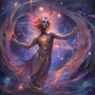 Arion is an enigmatic and ethereal being, resembling a humanoid figure composed of shimmering stardust and celestial energies. Their form is androgynous, with a slender yet powerful build. Arion's skin glimmers with a myriad of cosmic hues, like the ever-changing colors of a nebula. They have long, flowing hair that trails like comet tails, radiating with streaks of stardust.

Arion's eyes are deep pools of cosmic energy, swirling with galaxies and distant constellations. They wear an elegant, regal robe adorned with intricate celestial patterns, resembling the vast expanse of space itself. The robe appears to float around them, defying the laws of gravity.

Around their wrists and ankles, shimmering bracelets and anklets adorned with star-shaped gems emit a soft, soothing glow. They wear a celestial crown, featuring sparkling gemstones representing the stars of a far-off galaxy.

Pose:
Arion stands with one foot gently touching the ground, while the other seems to float just above the surface, evoking a sense of weightlessness. Their arms are outstretched, with cosmic energy flowing from their fingertips, creating mesmerizing swirls of stardust that dance around them.

Background:
The splashart's background showcases the cosmos in all its grandeur. A vast, starlit sky forms the backdrop, with distant galaxies and constellations stretching across the horizon. Brilliant nebulae and cosmic clouds add depth and richness to the scene, creating a sense of wonder and awe.

In the foreground, celestial energy swirls and converges, giving birth to new stars and celestial bodies. Arion appears to be at the center of this cosmic creation, symbolizing their role as the Astral Wanderer, exploring the mysteries of the universe.