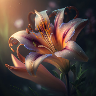 there is a close up of a flower with a blurry background, glowing delicate flower, lily flowers. 8 k, marc adamus, lily flower, beautiful digital artwork, gorgeous 3d render, beautiful flower, ultra realistic 3d illustration, by Marek Okon, by Aleksander Kotsis, lily flowers, lily, inspired by Marek Okon