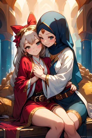 Mavtan Moroccan Islamic surreal super detail,model shoot,two girls sitting together,duo,Dynamic pose,leering,(Dream belt,Dream robes,Fantastic ribbons),Hug and touch each other,Biting a friend's earlobe, Hug each other from behind, Touch your friend's chest from below,
