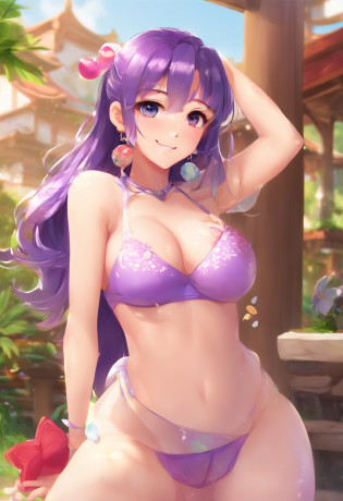((Best Quality)), (ultra-detailliert), ((Extremely detailed)), (Beautiful), ((Kawaii Girl)),(two side up hair)?((masutepiece)), (Detailed eyes and skin), ultra high res, adsurdres, (((vibrant colours))), bright colours, 1girl, human, human skin colour, solo, heart-shaped pupils, (Heart-shaped pupils:0.9), fingernails, (blush:1.1)(speed lines:1.1)((heavy breathing:1.3)) purple long hair, purple eyes, smug face, choker, cute top, gym top, revealing, shoulder cut dress, shoulders visible, cleavage visible, (underboobs visible), cleavage cutout, underboobs, midriff, abs, slight muscles, light muscular, Showing the belly, light muscles, (((muscular abs))), bloated abs, bulging abs, bloated belly, bulging belly, bloated belly with a silhouette of visible abs, slim waist, thin back, accurate belly button, accurate lower belly, (((abs))), (((accurate belly button))), round belly, panty strings, gym shorts, thighs, clean body, sexy pose, aroused, arousing, background is an alley in a garden, detailed sunlight, sitting, dappled sunlight, day, depth of field, plants, summer, (dutch angle), kipteitei, dappling sunlight, Background Chinese Antiquity?thatched hut?springtime?jungles?lakes?hole in the mountains?waterfallr?The tree?grassy fields?Rochas?hot onsen?hydrosphere??illustratio?1.0??Epic composition?Realistic lighting?high definition detail?tmasterpiece?Best quality??????? CG ?? 8k ???, by (by Pino Daeni, (by ruaidri), yupa, kiyosan), detailed background, anime, (dark shadows, wide dynamic range, hdr, low light:1.2).