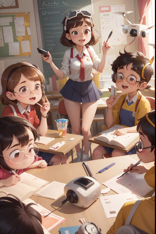 The teacher led the students into the classroom, Decorated with pictorial elements, Some students are operating drones, Some students are using cartographic tools, Some students are playing with virtual reality, The teacher is taking pictures of the students with a video camera. Cartoon image with bright background?plethora of colors, Rich detailed background with digital media elements
