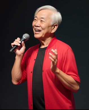 An old Asian man holds a microphone in his hand, singing for you, singing into microphone, singing?The picture is bright, on a dark background, vocalist, promo image, sing for the laughter, sing with me, ad image, holding a microphone?holding microphone, vocal, Nothing background, brilliant, background image