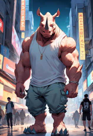 ((foto crua)), ((obra-prima)), Anthropomorphic humanoid rhinoceros wearing (((roupas de streetwear))), caminhando furiosamente entre as pessoas, detalhe intrincado, intricate Greebles pieces, city behind, corpo musculoso, (((large muscles))), muscular arms, (small head), Ogro monstruoso, Titan soft lighting, Hiper realista, soft-lighting, Ambiente sinistro