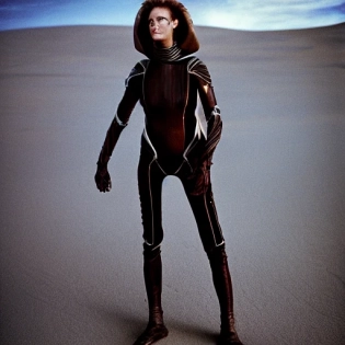 A supermodel in the style of the movie Dune, photographic persepctive, sci-fi, futuristic, minimalism, high quality, --v 5. 2 ---q . 5