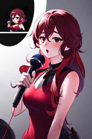Highly detailed, High Quality, Masterpiece, beautiful, GenshinStickerRedraw, <lora:GenshinStickerRedraw:1>, 1girl, solo, Girlfriend, <lora:Char_FNF_Girlfriend:0.9>, holding, microphone, holding microphone
