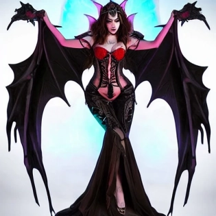 person = barbara palvin as undead necromancer lich. looks =dark straight hair, feminine figure, gorgeous, pretty face, beautiful body, wings, beautiful symmetrical glowing red eyes, two beautiful smooth silky legs:: pose = arms around body, Dragon with Massive Wings spread completely behind back:: shape = dance pose, curvy body, anatomically correct and fully showing symmetrical female chest, anatomically correct female torso and belly button, complete smooth pretty human arms and fingers, symmetrical face. clothing = revealing outfit, A pair of wearing a ivory breastplate and full-body-jewelry harness made from ice jewels :: environment = cemetary with frost aura ::details = highly detailed clothing, clear face that is fully shown, hyper quality style, top shelf jewelry with jewel arrays = dark fantasy, realistic, full female-body shot, both lower and, upper lips are completely down in clear detail, 3d printed:: artist = cgsociety, artgerm, trending on artstation, by victor titov. --video --s 3250 --seed 909101793 --ar 10:18 --q 1. 5 --no amputees --no blur DOF --no fractals --v 3