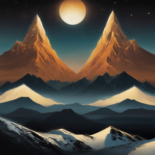 Create a metal album cover that features towering mountains in the center of the image. El cielo nocturno debe estar lleno de constelaciones brillantes, creando un ambiente oscuro y misterioso. Si es posible, It incorporates a black hole in the background to increase the sense of the unknown and the enigmatic.