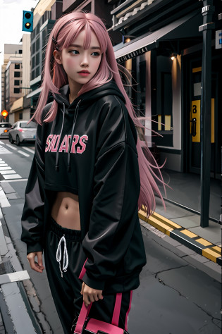 Realistic, realistic details, details
Break. Black hoodie. Long pants. Neon Street.
1 girl, beauty, seductive face,, fine skin, pink hair, long hair, navel, hair clip, hair ornament, thigh height,, full body, 
break
, simple background
break
Perspective, blurry background, third rule, sharp focus, depth of field
break
(Urzan-6500-V1.1:0.2)