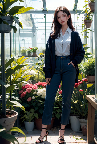 vivid illumination, enchanting elegance, atmospheric depth, masterful technique, naturalistic representations, harmonious composition, creative refinement, striking juxtapositions,
1girl,solo,Burgundy cardigan, navy blue corduroy pants,(full body),
greenhouse,
outdoor,
Freedom,
Fresh floral scents, dewy morning pearls,
detailed background,depth of field,(sharp focus:0.8),