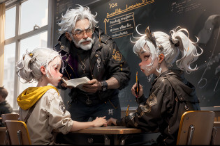 In bright classrooms??An older Asian male teacher discusses issues with two elementary school students?1.5??Two schoolchildren quarrel with each other?The teacher's face is full of the vicissitudes of time?Full of silver hair?Watch your classmates smile toothyly?The blackboard behind him was full of formulas?Sunlight shines through the window on the teacher's face?((Best quality, A high resolution, Masterpiece:1.2)), Clear facial features, Optimized details,8K,cinematic Film still from.