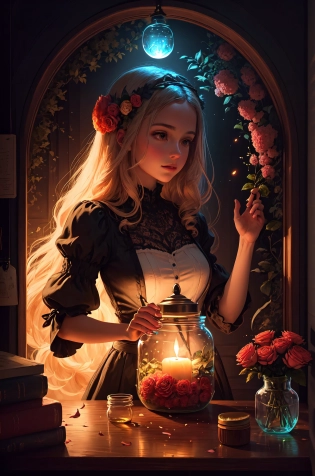 a portrait of a girl with flowers in a jar, in the style of detailed dreamscapes, storybook illustration, glowing colors, multidimensional shading, mysterious nocturnal scenesModel: ReV Animated v1. 21