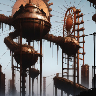 there are many rusty structures that are in the air, scenic dystopian environment, dystopian environment, industrial scifi, industrial sci-fi, industrial sci - fi, steampunk factory background, digital concept art of dystopian, a steampunk city, post apocalyptic factory, ancient steampunk city, industrial sci fi, steampunk concept art, dystopian alien landscape, in steampunk cityscape, dystopian landscape