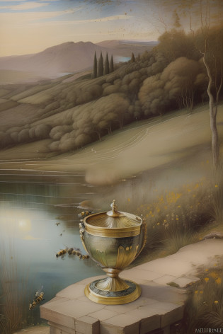 (((Pre-Raphaelite painting of bees around the Ardagh Chalice, lago e salgueiro, Mel, Tons dourados, salgueiro, Mel, paisagem irlandesa)))