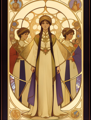 Symmetry Full-Layout Complete Composition and Complete Closed Alfons-Mucha-Style Rectangle Decorative Surround Full-Layout Whole Edge and absolutely five fullbody female stand together in A frame