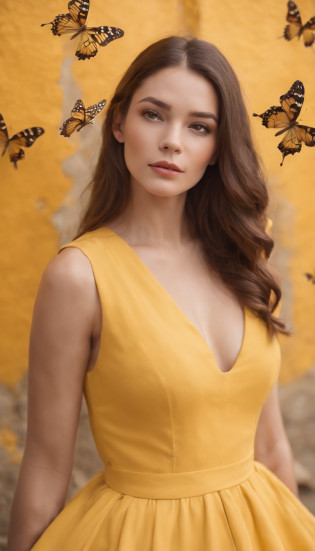 araffe woman in yellow dress standing in front of a wall with butterflies, upper body,a portrait inspired by national geographic, pexels contest winner, street art, yellow butterflies, butterflies, yellow clothes, butterfly, fine art fashion photography, harmony of butterfly, butterflies in the foreground, on a yellow canva,fashion photography, shades of yellow, karla ortiz,