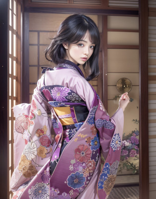 (Beautiful model in Japanese kimono commercial, beautiful straight long black hair), solo, ((face is 80% beauty and elegance, 20% pretty and cute:1.5)), clear eyes, (detailed eyes, light green eyes, bright pupils), Double Eyelids, (sexy lips with a little thickness:1.2), ((super detailed and incredibly high resolution Deep-purple Kimono:1.2)), Highly Detailed Face Texture, striking body shape, curvy and very attractive woman, high-resolution RAW color photo pro photo, BREAK ultra high-resolution textures, High-res body rendering, big eyes, unparalleled masterpiece, incredible high resolution, super detailed, stunning ceramic skin, BREAK ((Facing back to show the pattern of the Kimono:1.5)), ((Wearing a Yohen-Tenmoku kimono that uses a lot of glittering Deep-purple:1.5)), ((The main color is Deep-purple and the Yohen-Tenmoku Kimono has very colorful embroidery:1.2)), (Half-collar and Obi are White) ,(elaborately made classical Japanese Yohen-Tenmoku Kimono), ((The embroidery pattern is a Yohen Tenmoku pattern reminiscent of outer space):1.2), ((elaborately and elegantly decorated Deep-purple Kimono)), (Taken in front of a round fusuma window in a Japanese-style room)) BREAK ((Best Quality, 8k)), Crisp Focus:1.2, (Layer Cut, Big:1.2), (Beautiful Woman with Perfect Figure:1.4), (Beautiful and elegant rear view:1.3), Slender waist, (Correct hand shape:1.5), (Full body shot | cowboy shot)