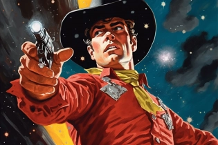 Space cowboy in the style of 1950s art in the style of Amazing stories pulp magazine space adventures close up
