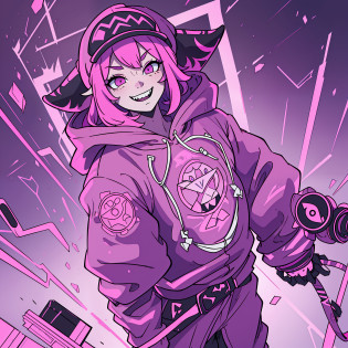 (masterpiece, superior quality, best quality) Unreal Engine 5 .1, a man with a pink hoodie with white horns, pink hat, artstyle anime, [[[Grinning evily]]]], Weirdcore voidpunk fursona, Unknown Artstyle, Bladee from Drain Gang, darksynth character portrait, crazy smile, ((Zerator)), nefarious smile, single character, full body