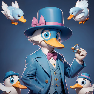 a cartoon duck in a blue coat and hat holding a magnifying glass, quackery, the bird is wearing a bowtie, scientist is a duck, subject= duck, inspired by Jacob Duck, wearing a monocle, telegram sticker, inspired by Joseph Ducreux, by Jim Davis, loony tunes style, anthropomorphic bird