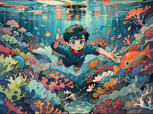 Little boy swimming at the bottom of the sea, head below and feet above, pointing to the bottom of the sea, looking for objects, there is a beautiful natural world at the bottom of the sea, corals, seaweeds, fish, mysterious creatures, plants, bubbles, beautiful water world, picture book style, colorful