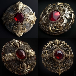 big Ruby brooch, game item, gold deco, silver details, dark fantasy, circle