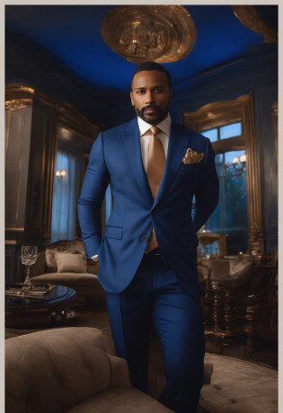Certamente, refinar ainda mais o pedido para um retrato 8K ultrarrealista de um distinto cavalheiro de cabelos curtos e na casa dos 40 anos, com olhos negros penetrantes. He is impeccably dressed in a meticulously tailored royal blue suit, complementado por uma gravata perfeitamente combinando.