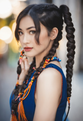 Girl in two braids , morena, andando na cidade japonesa, com letreiros japoneses luminosos, cores de neon, azul, amarelo, andando a noite, olhos azuis, andando de fone, olhar sensual, pernas grossa, mini saia quadriculado.