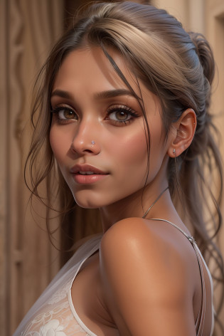 ((Freida Pinto guckt mich verliebt an)), ((sie sitzt auf dem Heuboden)), ((she has small round breasts)), (kleiner Kopf), ((detailliertes Gesicht)), Weiches filmisches Licht, ((((Kino-Look)))), (fotorealistisch), (Raytracing), (scharfer Fokus), ((natural realistic skin texture)), detailliertes Gesicht, detaillierte Lippen, detaillierte Augen, doppeltes Augenlid, ((ponytail))
