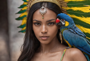 RAW photography Wild Xavante India (black girl:0.7), looking away, serious eyes, full body, the hair is composed of countless macaw blue parrot feather, honey eyes, ((best quality)), ((masterpiece)), ((realistic)), extreme tanned skin, extreme long black straight hair messes over naked boobs, hairy skin, huge macaw blue parrot feather headdress, big cheeks, long legs, curvy, indigenous yellow and green breast painting, breast painted blue and yellow, indigenous yellow and green facial painting, hairy body, huge macaw blue parrot feather necklace, female face, metal carved top, royal aura, trend on artstation, by bugmAIster signature, sharp focus, studio photo, intricate detail, very detailed, detailed eye, illustration, very detailed, sharp focus, digital render, professional, 4k, 50mm portrait photography, hard rim lighting photography�beta �ar 2:3 �beta �upbeta �upbeta
