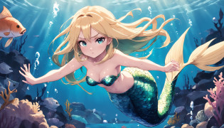 Mermaid girl anime, mermaids, Angry girl, Blonde girl, mermaids, waterpower, blonde flowing hair, flat anime style shading, anime woman, anime-style character, flat anime style, powerful posing, blond hairbl, Mermaid costume, powerful posing, aquatic, Powerful anime girl, Underwater?fish flocks