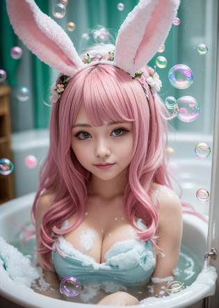 Pink hair?A smile?Pink costume?hugetits?hugetits?Delusional milk?Transverse breasts?Lower breast?Hami milk?Taking a bubble bath?Covered in bubbles?((Covered in soap bubbles))?Beautiful cute flowers?Gentle light is shining?length hair?Twin-tailed?Bun head?(((Bunny Girl)))?kawaii faces?uniformss