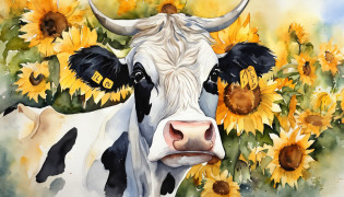 A cute black and white spotted American cow?A sunflower wreath is worn on his head?Positive perspective?cow head?