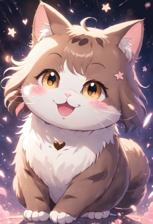 In the shape of a heart?Draw a brown-white bee cat smiling and squinting?cats have a small and round body,?Completely in the heart?The background is pink?Small stars and glitter scattered around the cat?
