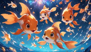 Masterpiece, high quality, always in the cloud goldfish, goldfish floating around a lot of cute stars, anthropomorphic goldfish, Disney style, cinema-grade light effects, cinema-grade picture quality, super detail, rich colors