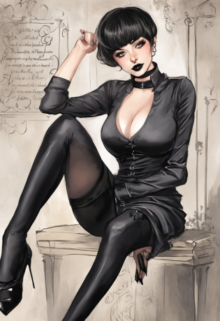 A portrait of an alluring goth girl with short black hair, a small bust, and a curvy figure posing with her finger gently pressed against her lips as she gazes downward. She sits on the floor, her legs partially crossed wearing a short, black pleated skirt that reveals her pale thighs and sheer black thigh-high stockings. Her jet black, pixie-cut hair frames her face. She wears dark purple lipstick that matches her black corset, accentuating her tiny waist and ample hips. A black choker collar sits around her elegant neck. Her eyes are cast downward with alluringly darkened lashes. She exudes a mysterious yet beguiling aura. The lighting accentuates the contours of her curvy, petite posed form and clothing details. The nondescript background keeps the focus on her gesture and outfit. The image is photorealistic with intimate detail.