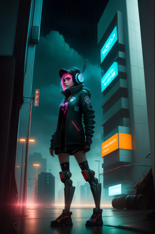 sci-fy?Machinary?cyber punk perssonage?tall house?neonlight?A teenage girl?under rain