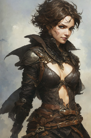 rogue thief girl, leather armor, smirk, (nose blush), beautiful detailed eyes, drawn by Greg Rutkowski, Yoji Shinkawa:0.6