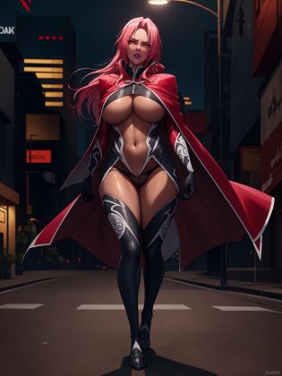 (highres, high quality:1.2), intricate details, vibrant image, colorful, cinematic lighting, sharp depth of field, 
Ingrid, 1girl, mature female, dark-skinned female, running, battle, battoujutsu stance, (holding:1.1) glowing sword, hand on floor, swinging, full body, cityscape, night, city light, 
scowl, clenched teeth, 
pink red hair, very long hair, hair intakes, makeup, lipstick, (mole under mouth:0.8), eyelashes, yellow eyes, detailed eyes, perfect face,
helloutfit, (red cape:1.05), black turtleneck, underboob, elbow gloves, (coattails:1.1), revealing clothes, center opening, highleg panties, thigh boots, (multicolored clothes:1.1)
midriff, navel, large breasts, areola slip,
<lora:IngridV2:0.9>