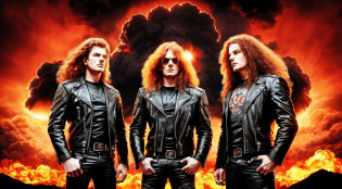 3 boys in leather clothes standing in front of a big explosion, close up, portrait style, hellish, LIGHTNING, Heavy metal promo band, Thrash metal, Heavy Rock promo band photo, Arch Enemy, Burning in Hell, New Wave of British Heavy Metal, Long Blonde Flaming Hair, Heavy Metal The Movie, Destruction, Slayer, 2 0 0 6 Advertising Promo Shot,  Proto - Metal Band Promo, Megadeth, death metal, Nuclear explosion over a city with a big mushroom cloud, nuclear bomb explosion, nuclear bomb explosion, nuclear explosion, nuclear mushroom cloud, nuclear attack, nuclear apocalypse, mushroom cloud on the horizon, huge nuclear mushroom cloud, nuclear explosion background, nuclear cloud, nuclear bomb, nuclear explosion on the horizon,  nuclear explosions paint the sky, nuclear war, mushroom cloud on RED background