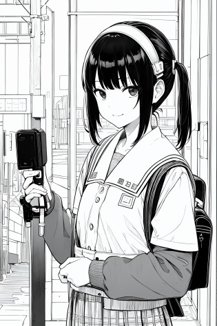 ?masterpiece, top-quality, 1girl in, ??, A slight smil, a school bag, A dark-haired, Black eyes, cyberpunked, a street, monochromes, line-drawing