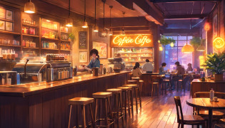 (neon-lit night scene),(low-fi coffee shop),(vibrant colors),(detailed coffee cup),(reflections on the table), (nostalgic vibes), (artistic painting style),(cozy atmosphere), (realistic textures), (coffee aroma in the air), (people chatting and laughing), (street view), (soft shadows), (dark alleyway), (city lights), (rainy weather), (raindrops on the windowpane), (blurred background), (decorative interior design), (aesthetic vibe), (indoor plants), (glowing neon sign), (barista preparing coffee), (smoke from the coffee machine), (an artistic slow-paced moment), (customers enjoying their drinks), (latte art), (music playing in the background), (steaming hot coffee),(floral patterned plates), (warm color tones), (cozy seating arrangement), (rustic wooden tables), (intimate ambiance), (bokeh lights), (candid moments captured), (artistic lighting effects), (dreamy atmosphere), (stylish bar counter), (traces of coffee spills), (artwork on the walls).