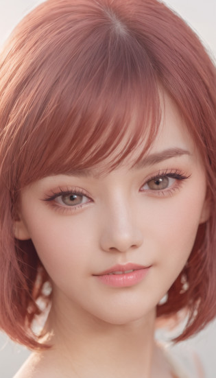 upper body, Rebecca, Eye shape Large round eyes (with a gentle and innocent expression), Hair mode Shoulder length pink hair (with bangs framing her face), Hair color Pink, Skin tone Fair, Nose shape Small and slightly upturned, Mouth shape Usually shown (with a sweet and sincere smile), Head shape Soft and rounded (with a youthful and charming appearance), Eyebrow shape Thin and gently curved eyebrows.