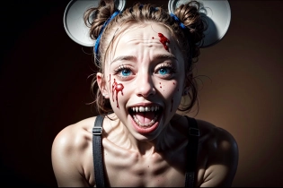 (Anthropomorphic), (sadistic mickey mouse by tim burton), (fangs, sharp teeth, blood dripping down mouth), (dynamic lighting), ultra highres, photorealistic, 8k, hyperrealism, photography, <lora:add_detail:1>
