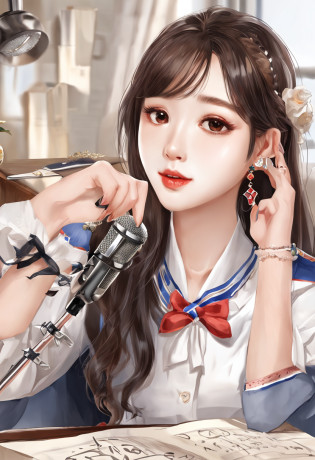 Araki woman in blue shirt sitting in front of the microphone, dilraba dilmurat, xintong chen, cutecore, Li Zixin, tzuyu from twice, girl cute-fine face, trending at cgstation, trending on cgstation, Chinese girl, wenfei ye, chengyou liu, xision wu, Yun Ling