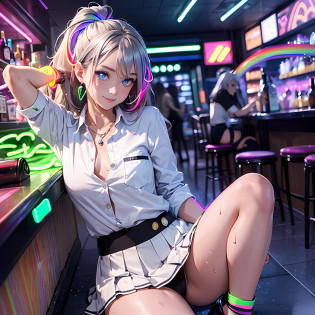 (masutepiece: 1.3), (max resolution: 1.2), (Ultra HDTV: 1.2), spot lite, Ultra HDTV, (Detailed eyes and skin), (detailed facial features), 8K resolution, Sharp Focus: 1.2, Perfect Style, Beautiful Face, accurate, Anatomically correct, Highly detailed face and skin texture, Detailed eyes, Dark-blue eyes, Double eyelids, Thin eyebrows, (dropped eyes:0.65), (Glitter Eyeliner:1.2), Natural cheeks, (Sweaty skin:1.2), (Fair skin:1.2), (Colorful neon bracelet:1.2) ,shiny necklace and earrings, (Glossy lips: 1.4), BREAK, absurderes, One-person viewpoint, (They are Very Cute female bar hostess), (While Wearing a Button up White shirt:1.3), BREAK, (wear a blazer:1.3), BREAK, (pleated super mini skirt of Red:1.2), ((showing a little string panties:1.2)), (high heels), BREAK, (shy smile:1.3), ((18 years old, Very Cute and neat girl:1.3)), (high-ponytail hairstyle, Wavy Hair), (((Silver hair:1.4))), Medium Long Hair, (Cowboy shot: 1.2), Focus on body, large breasts, ((Sitting with wide open legs in front the bar counter:1.4)), ((In the super erotic dance floor at dimly:1.4)), BREAK, ((((Rainbow neon lights:1.4))), (((dimly lit store, black lights))),