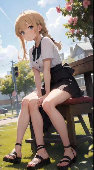 sandwich?Bread with white bread?Ingredients are ham, cheese, lettuce and tomatoes?It is topped with mayonnaise and mustard?The sandwich is cut and?Cross-section is visible?The sandwich is on the plate.?Served with napkins, forks and knives? girl with?Her hair is blonde and long.?Braided?The face is round and cute?Clothes in white and blue dresses?Has a floral pattern?Shoes in white sandals?Ribbons are attached to the ankles?The girl is sitting?I have a sandwich in my hand.?Eating happily? scene?There is a beautiful scene floating in the background.?Blue sky, white clouds, green meadow and colorful flowers?The scene is softly painted like a watercolor painting.?It has a dreamy atmosphere?The scene expresses the imagination and sensibility of the girl?Pubic hair shows through?(Beautiful bare pubic hair) ,more_Details:1.5, (More and more_Details:1.9)?