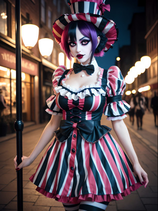 best quality ,masterpiece, an extremely delicate and beautiful, extremely detailed ,CG ,unity ,8k wallpaper, Amazing, finely detail, masterpiece,best quality, extremely detailed CG unity 8k wallpaper,absurdres, incredibly absurdres, huge filesize , ultra-detailed, highres, extremely detailed, araffe dressed in a striped outfit and holding a pole, goth clown girl, beetlejuice, professional cosplay, anime cosplay, mime, cosplay, anime girl cosplay, full-cosplay, tim burton style, anime character; full body art, vaudevillian, cosplay photo, ornate cosplay, female mad hatter, glamourous cosplay, cutecore clowncore, extremely detailed eyes and face, beautiful detailed eyes, (RAW photo, best quality), (realistic, photo-realistic:1.3), night time, standing in the shopping street