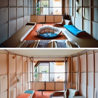 High resolution photography interior design, dreamy sunken living room conversation pit, wooden floor, small windows opening onto the garden, bauhaus furniture and decoration, high ceiling, beige blue salmon pastel palette, interior design magazine, cozy atmosphere; 8k, intricate detail, photorealistic, realistic light, wide angle, kinkfolk photography, A+D architecture